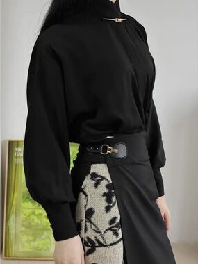Black Mock Neck Top with Bar Accent Mandarin style